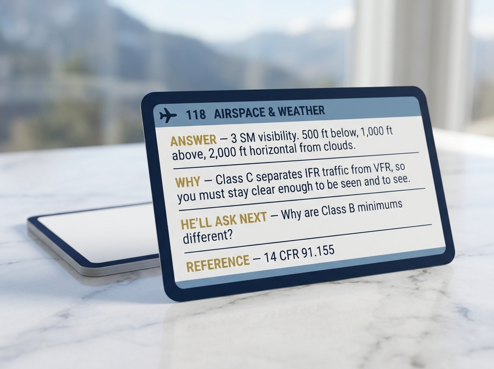 The back of card 118, Airspace and Weather, printed in four labelled blocks: the answer, the reasoning, the follow-up an examiner asks next, and the FAA reference 14 CFR 91.155