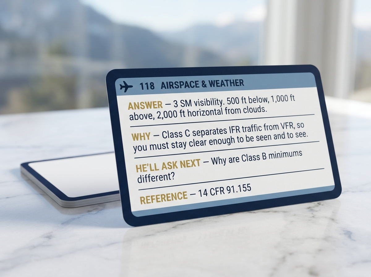 The back of card 118, Airspace and Weather, printed in four labelled blocks: the answer, the reasoning, the follow-up an examiner asks next, and the FAA reference 14 CFR 91.155