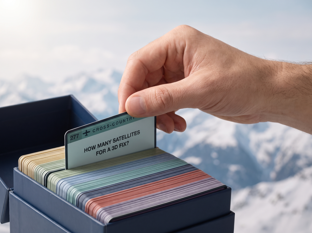 A hand lifting a teal Cross-Country Navigation card out of the navy box, with the colour-coded card edges of all seven sections visible