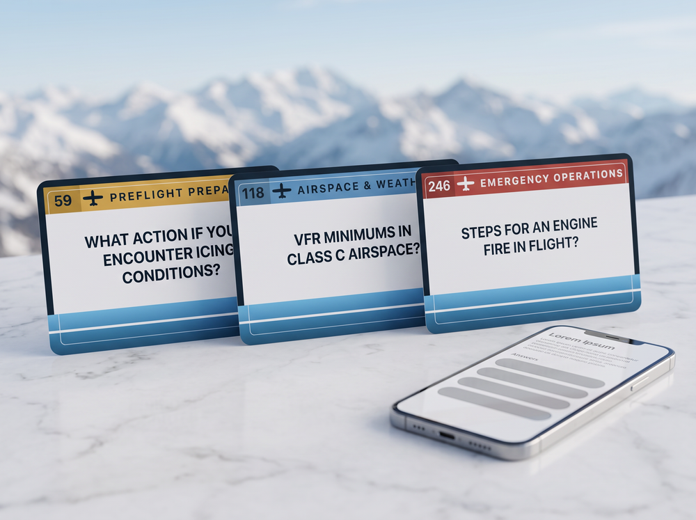 Three Preflight Cards flashcards standing upright beside a phone, showing the gold Preflight Preparation, blue Airspace and Weather and red Emergency Operations sections