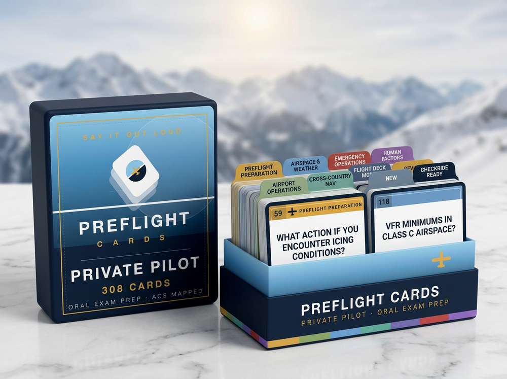 The printed Preflight Cards box beside its open tray holding ten labelled dividers: seven topic dividers from Preflight Preparation to Human Factors, plus New, Review and Checkride Ready