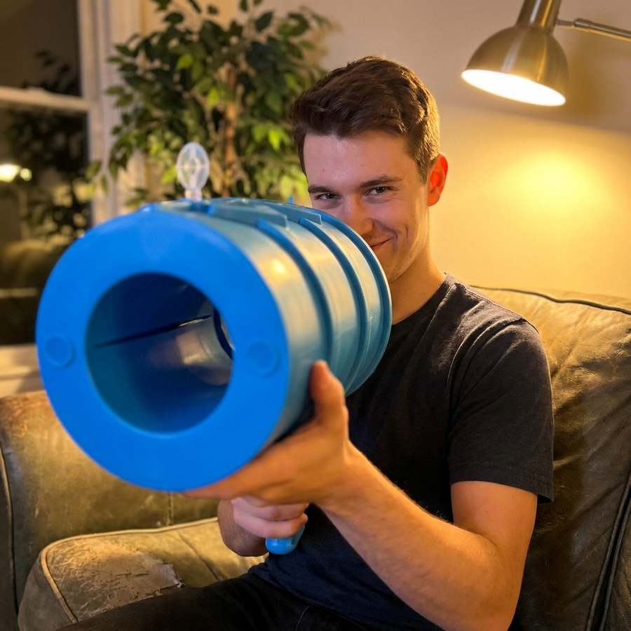 Customer on sofa aiming the Air Blaster